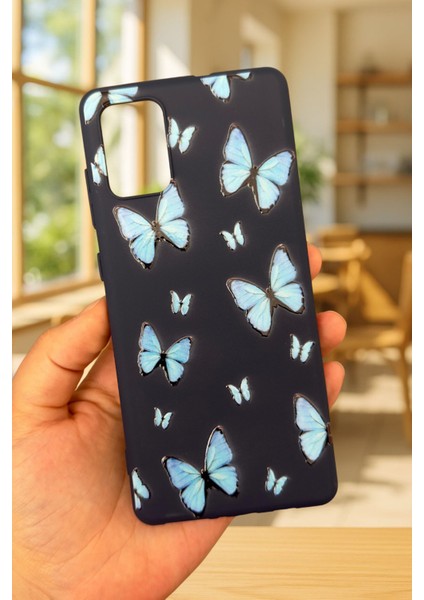 Samsung Galaxy A51 Uyumlu Mavi Kelebek Desenli Silikon Darbe Emici Klasik Korumalı Rubber Kılıf