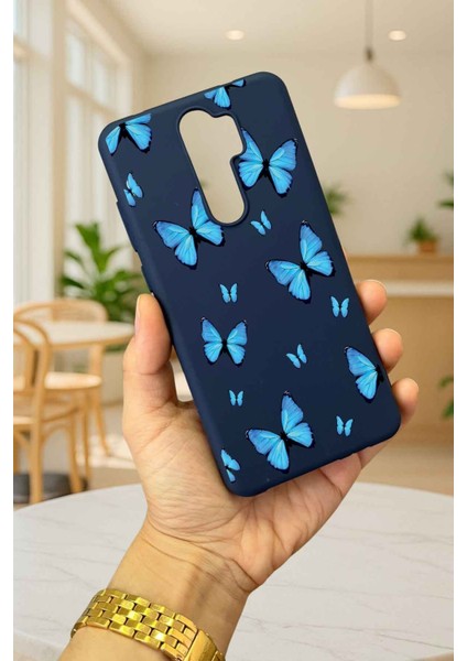 Xiaomi Redmi Note 8 Pro Mavi Kelebek Desenli Silikon Darbe Emici Klasik Korumalı Rubber Kılıf