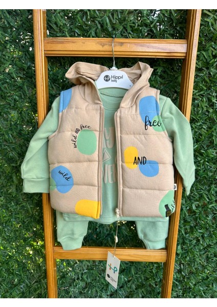 Yazı Baskılı Şişme Yelekli Üçlü Takım Yeşil