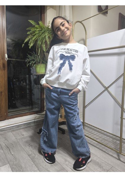 Kız Çocuk Bol Paça Kot Pantolonlu Takım (Sweatshirt+ Beli Lastikli Pantolon) Kurdeleli Mavi