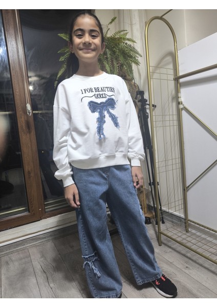 Kız Çocuk Bol Paça Kot Pantolonlu Takım (Sweatshirt+ Beli Lastikli Pantolon) Kurdeleli Mavi fiyatları