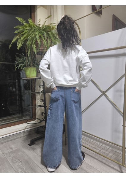 Kız Çocuk Bol Paça Kot Pantolonlu Takım (Sweatshirt+ Beli Lastikli Pantolon) Kurdeleli Mavi modelleri