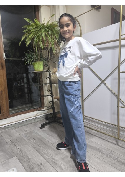 Kız Çocuk Bol Paça Kot Pantolonlu Takım (Sweatshirt+ Beli Lastikli Pantolon) Kurdeleli Mavi fırsatları