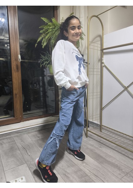 Kız Çocuk Bol Paça Kot Pantolonlu Takım (Sweatshirt+ Beli Lastikli Pantolon) Kurdeleli Mavi indirimleri