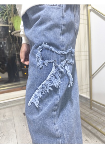 Kız Çocuk Bol Paça Kot Pantolonlu Takım (Sweatshirt+ Beli Lastikli Pantolon) Kurdeleli Mavi