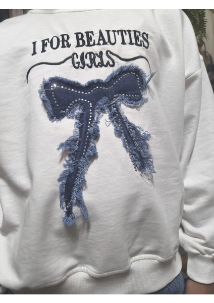 Kız Çocuk Bol Paça Kot Pantolonlu Takım (Sweatshirt+ Beli Lastikli Pantolon) Kurdeleli Mavi