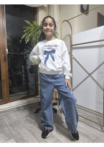 Kız Çocuk Bol Paça Kot Pantolonlu Takım (Sweatshirt+ Beli Lastikli Pantolon) Kurdeleli Mavi