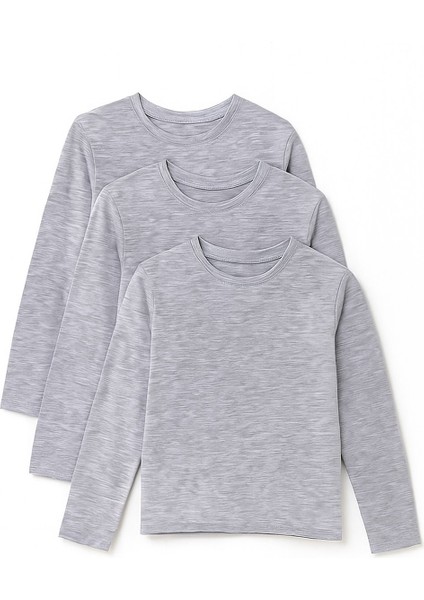 Unisex Erkek-Kız Çocuk Bisiklet Yaka Düz Uzun Kollu 3'lü Gri Tişört