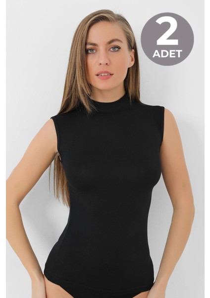 2 Adet Siyah Bambu Kadın Balıkçı Yaka Sıfır Kol Body Boğazlı Kolsuz Badi