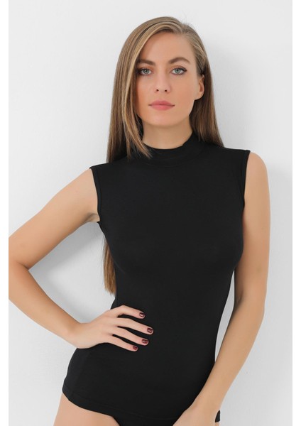 2 Adet Siyah Bambu Kadın Balıkçı Yaka Sıfır Kol Body Boğazlı Kolsuz Badi