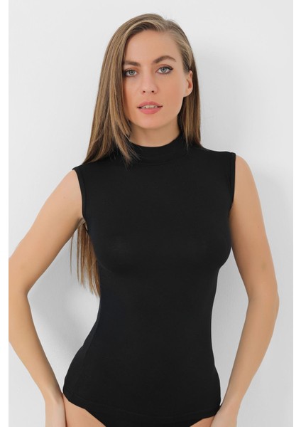 2 Adet Siyah Bambu Kadın Balıkçı Yaka Sıfır Kol Body Boğazlı Kolsuz Badi