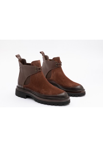 Erkek Kalın Tabanlı Bot 2 Bağlı Kahve Nubuk Deri