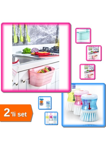 Deterjan Hazneli Bulaşık Fırçası + Dolap Kapağı Organizeri - Tezgah Çöp Kutusu 2'li Set A1B2C3