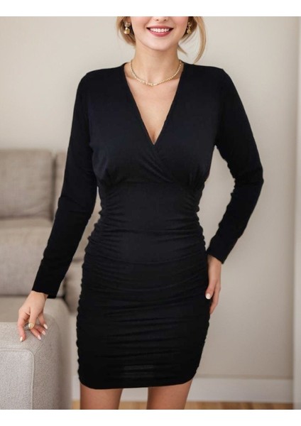 Kadın Uzun Kollu Kruvaze Yaka Sandy Mini Elbise indirimleri