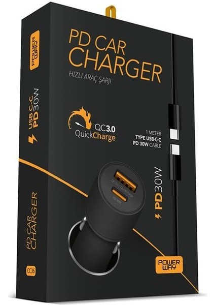 Powerway CC36 30W Pd + Qc 3.0 Çift Çıkışlı Metal Araç Çakmaklık Hızlı Şarj Kablolu Set modelleri