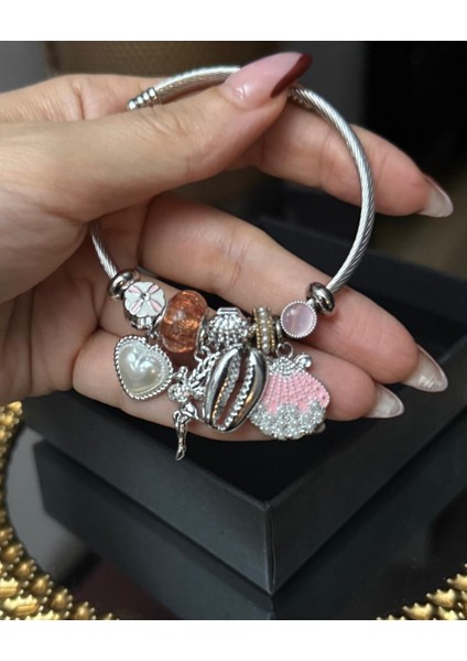 Gümüş Renk Pembe Deniz Kabuğu Charmlı Pandora Çelik Bileklik - Temalı Charm'lı Hazır Set Bileklik -Deniz ve Peri Temalı Gümüş Rengi Charm Bileklik fiyatları