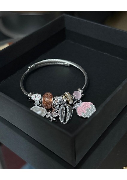 Gümüş Renk Pembe Deniz Kabuğu Charmlı Pandora Çelik Bileklik - Temalı Charm'lı Hazır Set Bileklik -Deniz ve Peri Temalı Gümüş Rengi Charm Bileklik modelleri
