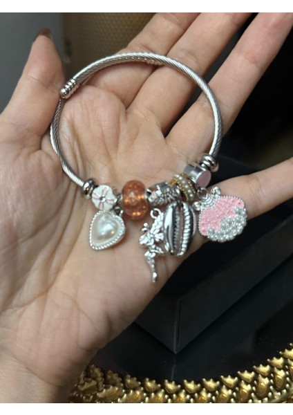 Gümüş Renk Pembe Deniz Kabuğu Charmlı Pandora Çelik Bileklik - Temalı Charm'lı Hazır Set Bileklik -Deniz ve Peri Temalı Gümüş Rengi Charm Bileklik fırsatları