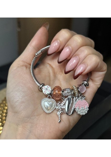 Gümüş Renk Pembe Deniz Kabuğu Charmlı Pandora Çelik Bileklik - Temalı Charm'lı Hazır Set Bileklik -Deniz ve Peri Temalı Gümüş Rengi Charm Bileklik