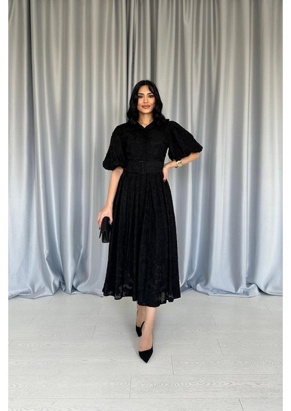 Siyah Kemerli Balon Kollu Elbise