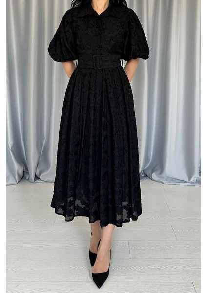 Siyah Kemerli Balon Kollu Elbise modelleri