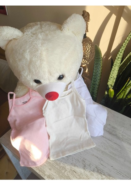 Kız Çocuk Atlet 3'lü Jakarlı Pembe Beyaz Krem %100 Pamuk