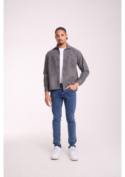 Frankel Kaşe Kumaş Tek Cepli Relaxed Fit Erkek Gömlek - Açık Gri