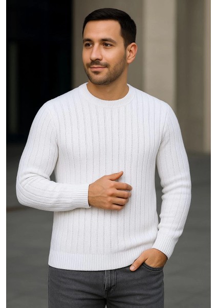 Erkek Bisiklet Yuvarlak Yaka Triko Kazak Pamuklu Kalın Fitilli Dokuma, Regular Fit Uzun Kollu Kışlık Model - Beyaz modelleri