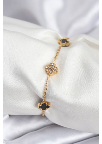 316L Çelik Gold Renk Siyah ve Zirkon Taşlı Baby Boy Yonca Kadın Bileklik - TJ-BB7953