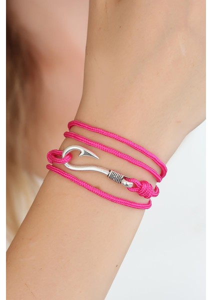 Fuşya Renk Gümüş Metal Kancalı Bayan Çoklu Bileklik - Lisinya