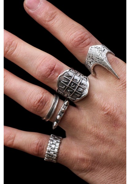 4 Adet 925 Ayar Gümüş Kaplama Ayarlanabilir El Yapımı Erkek Zihgir Yüzük Seti