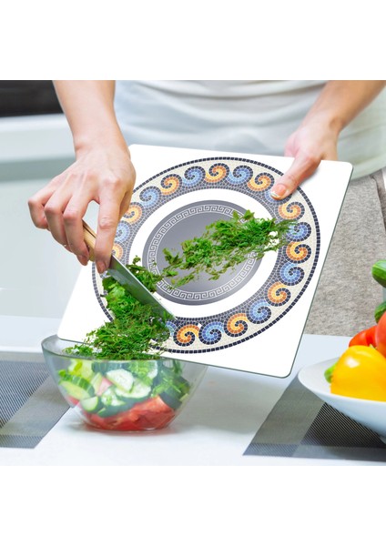 Cam Kesme Tahtası ve Sunumluk Kare Renkli Geometrik Desenli 30X30 cm indirimleri