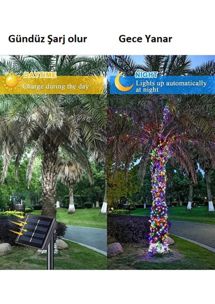100 Ledli 12 Metre Solar Şerit LED Rgb Bahçe Dekorasyon Aydınlatma LED Renkli Işık Güneş Enerjili