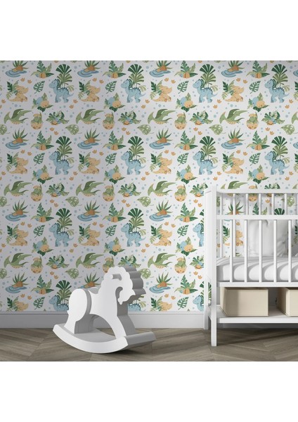 Çocuk Odası Dinazor Temalı Tek Parça Duvar Kağıdı -Isı ve Ses Yalıtımı Yırtılmaz