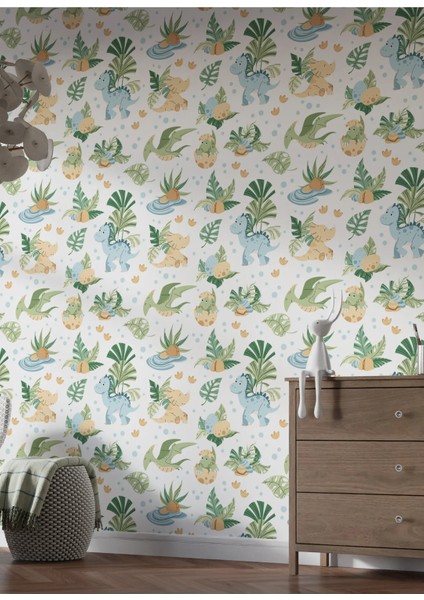 Çocuk Odası Dinazor Temalı Tek Parça Duvar Kağıdı -Isı ve Ses Yalıtımı Yırtılmaz modelleri