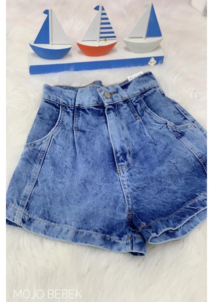 Kız Çocuk Yüksel Bel Pileli Kot Şort 156 Kot Mavi
