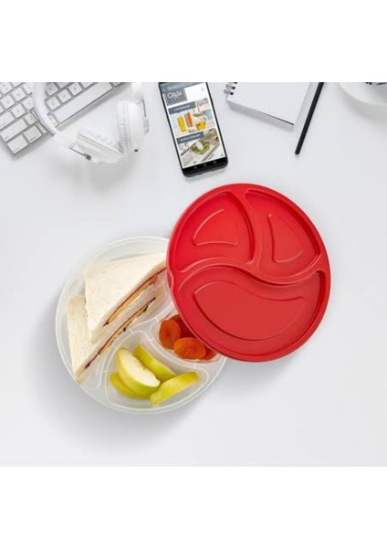 Kırmızı Kapaklı 3 Bölmeli Plastik Saklama Kabı – Sızdırmaz Pratik Tasarım