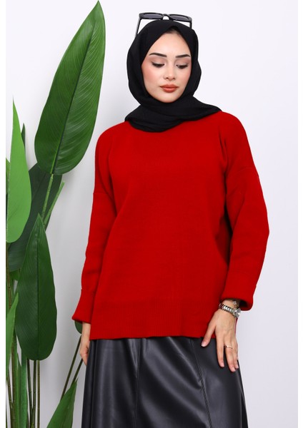 Kırmızı Bisiklet Yaka Yumuşak Dokulu Oversize Triko Kazak