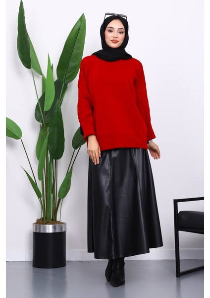 Kırmızı Bisiklet Yaka Yumuşak Dokulu Oversize Triko Kazak fiyatları