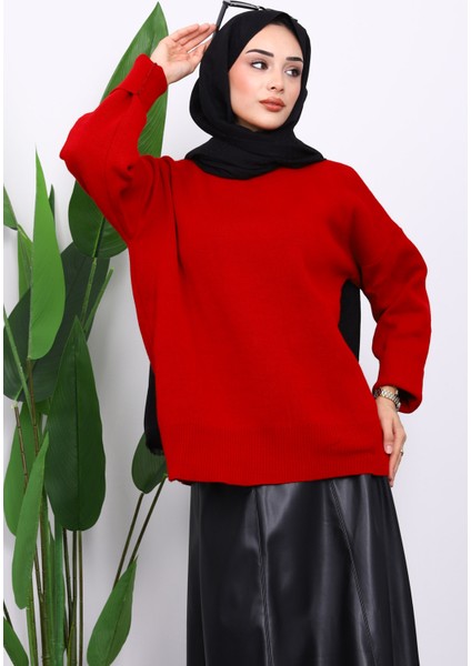 Kırmızı Bisiklet Yaka Yumuşak Dokulu Oversize Triko Kazak modelleri
