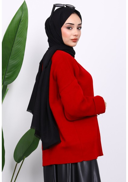 Kırmızı Bisiklet Yaka Yumuşak Dokulu Oversize Triko Kazak fırsatları