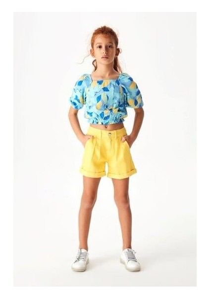 Kız Çocuk Pileli Lastikli Bel Şort 52701 Sarı