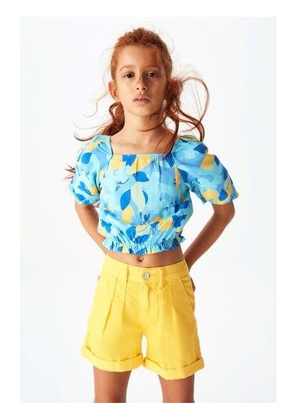 Kız Çocuk Pileli Lastikli Bel Şort 52701 Sarı