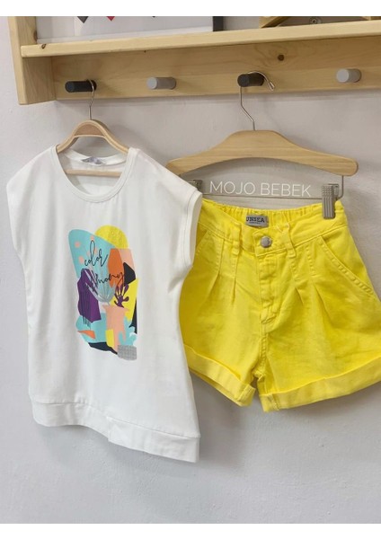 Kız Çocuk Pileli Lastikli Bel Şort 52701 Sarı