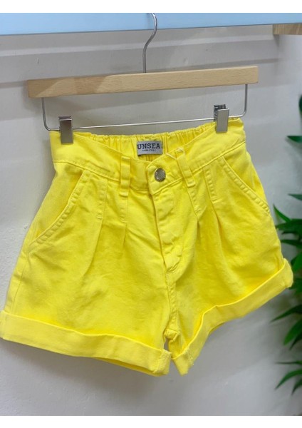 Kız Çocuk Pileli Lastikli Bel Şort 52701 Sarı