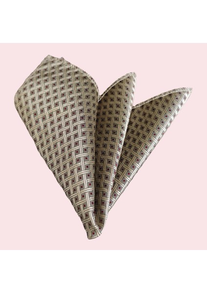 Bej Üzerine Kırmızı Puantiyeli Örgü Desenli Saten Dokuma Cep Yaka Mendili