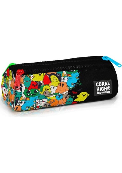 Siyah Karikatür Desenli Üç Bölmeli Kalem Çantası 22090