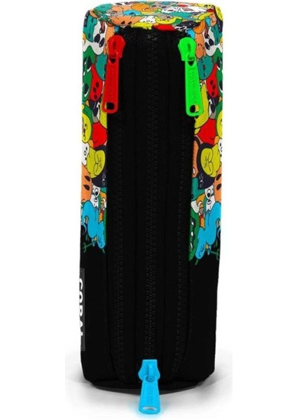Siyah Karikatür Desenli Üç Bölmeli Kalem Çantası 22090