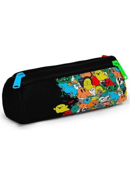 Siyah Karikatür Desenli Üç Bölmeli Kalem Çantası 22090