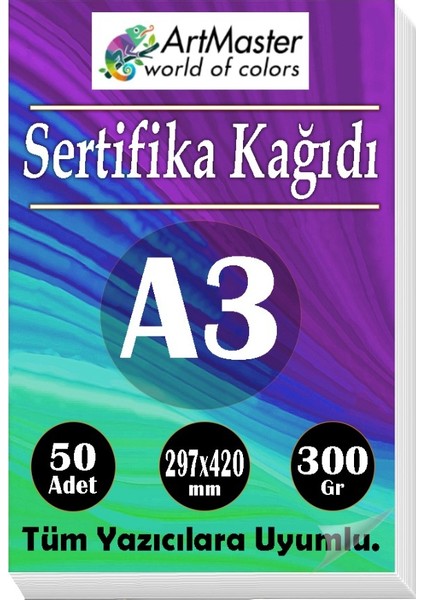 A3 Sertifika Kağıdı 50 Adet 300 Gram Kalın Fotokopi Kağıdı Tüm Yazıcılara Uyumlu 29.7X42 cm Kalın Baskı Kağıdı